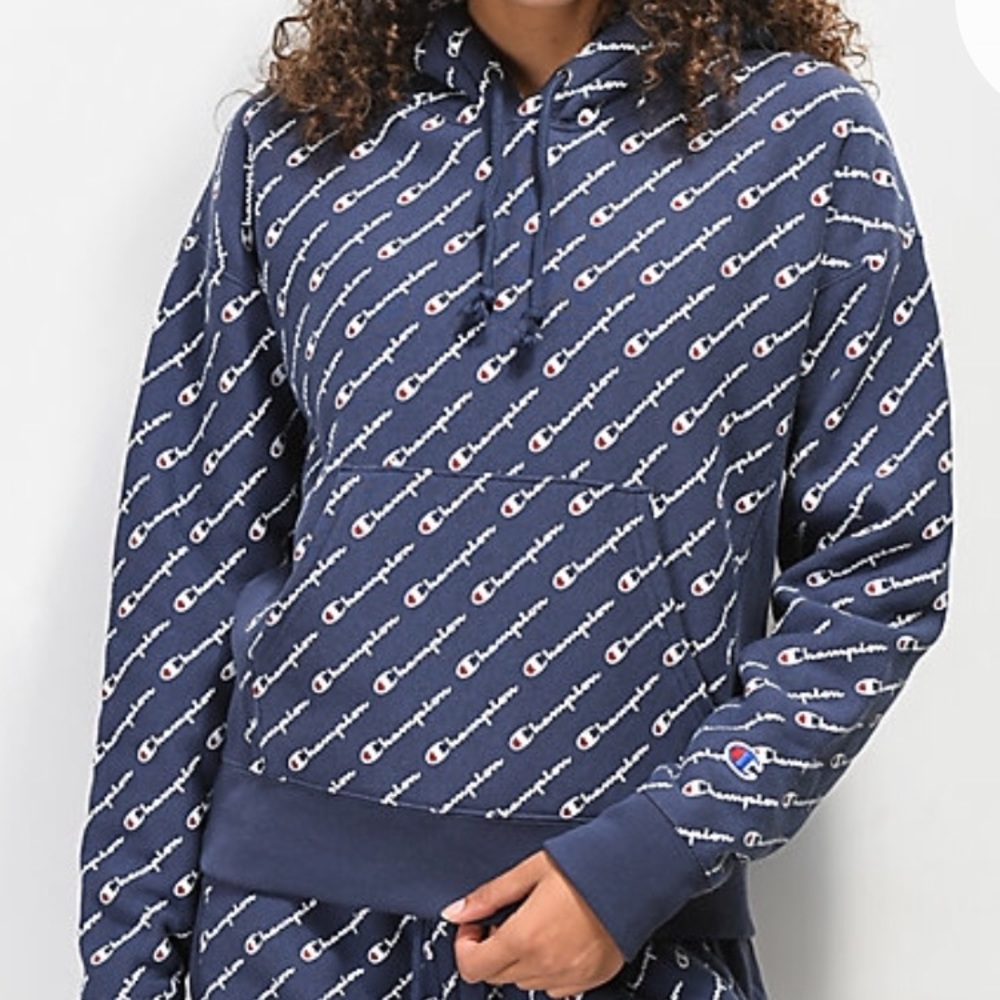 Champion Reverse Allover Script - Navy Hoodie - Picture 1 of 1